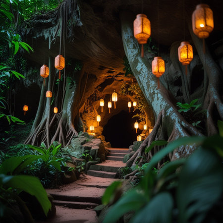 Beautiful night view of the entrance to the cave in the jungle.の素材