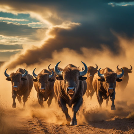 Buffalo herd running in the desert at sunset. Africa. Kenyaの素材