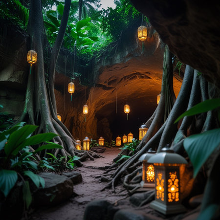 Hanging lanterns in the cave at night in Bali, Indonesiaの素材