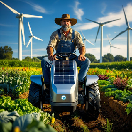 Portrait of senior farmer working in field with tractor and wind turbinesの素材