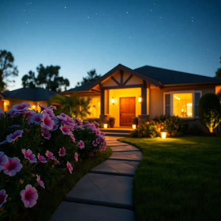 Luxury house with flowers in the garden at night time.の素材