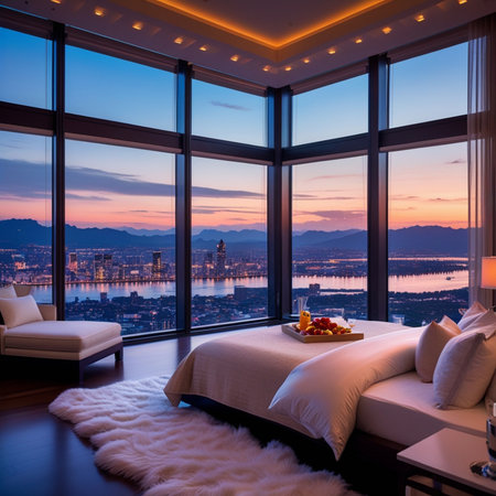 Luxury hotel bedroom interior with a view of the city.の素材
