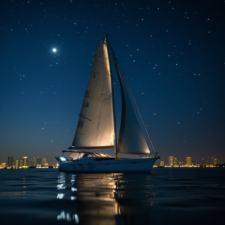 Sailing yacht in the ocean at night with starry sky.の素材