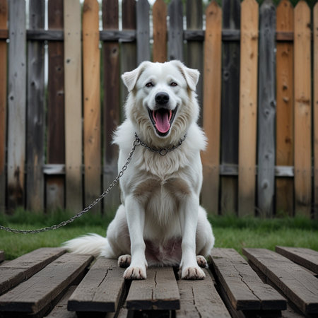White Swiss Shepherd dog sitting on a wooden bench in front of a fenceの素材
