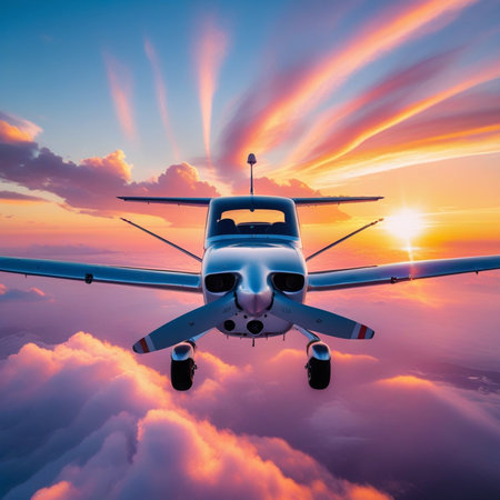 Airplane flying above the clouds at sunset. 3d render.の素材