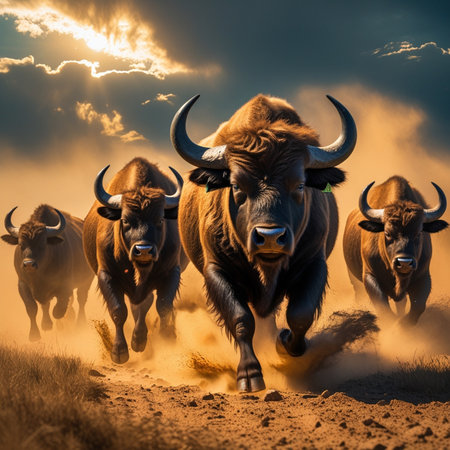 Buffalo herd running in the desert. Wildlife scene from Africa.の素材