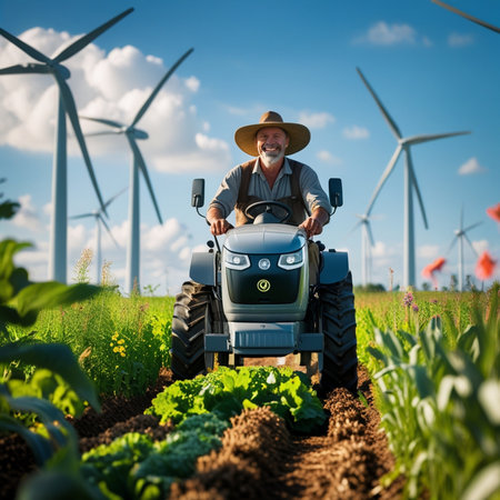 Senior farmer with tractor on the field with wind turbines in the backgroundの素材