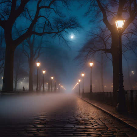 Night street with lanterns in a foggy park in the eveningの素材