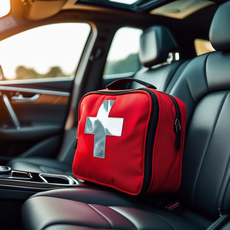First aid kit in car interior. First aid kit in car.の素材