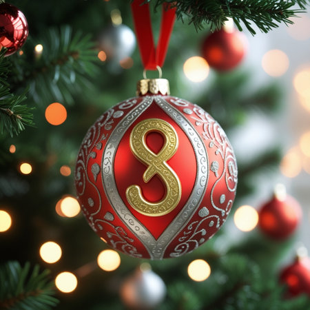 Christmas decoration on fir tree with bokeh background, closeupの素材