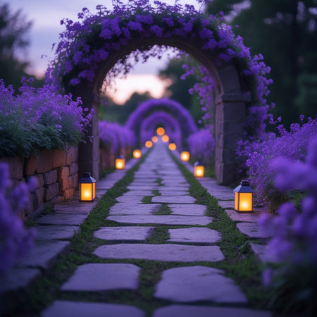 Lavender alley in the park at sunset. Beautiful purple lavender flowers.の素材