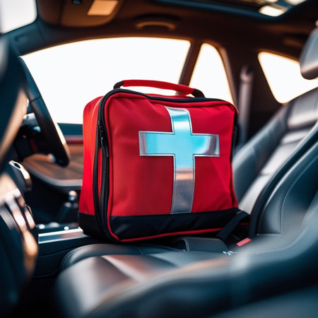 First aid kit on the back seat of a car. Medical conceptの素材