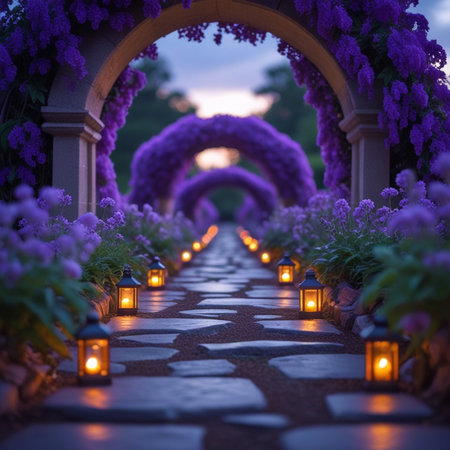 Wedding arch with purple flowers in the garden at sunset.の素材