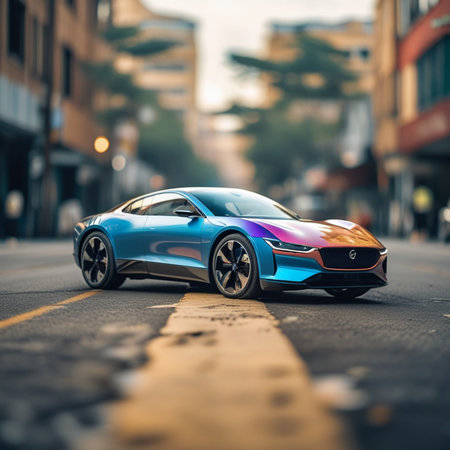 3D rendering of a brand-less generic concept car in the cityの素材