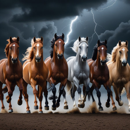 Group of horses trotting in a stormy sky with lightningの素材