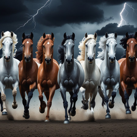 Herd of horses running in a stormy sky. 3D renderingの素材