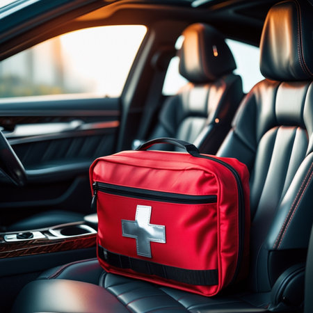 First aid kit on the backseat of a car. Conceptual imageの素材