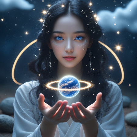 3d illustration of beautiful Asian woman with planet earth in handsの素材