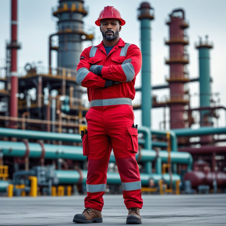 Portrait of confident male worker standing with arms crossed in oil refineryの素材
