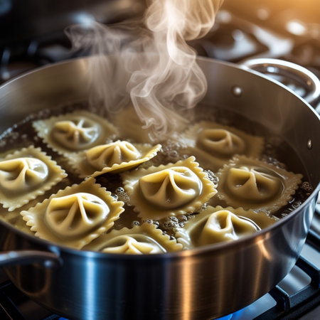 Cooking ravioli in a frying pan on a gas stoveの素材