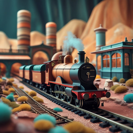 3d rendering of a steam locomotive in a fantasy landscape.の素材