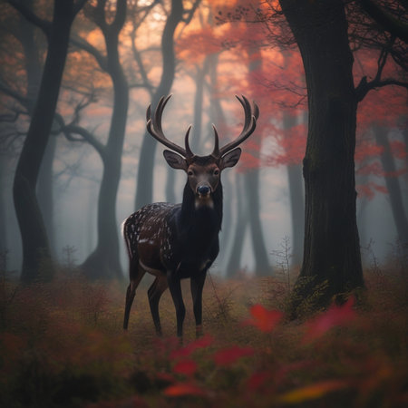 Fallow deer in the foggy forest at sunrise. Autumn season.の素材