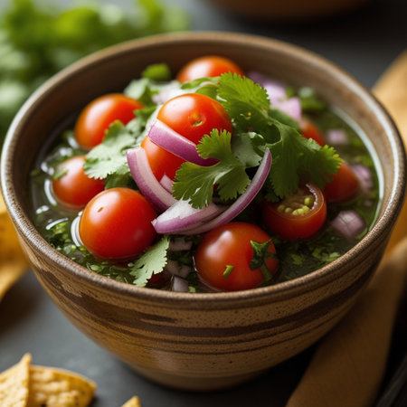 Mexican salsa with fresh tomatoes, onion and cilantro in bowlの素材