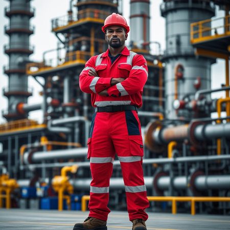 Portrait of a confident male worker standing in front of a refinery plantの素材