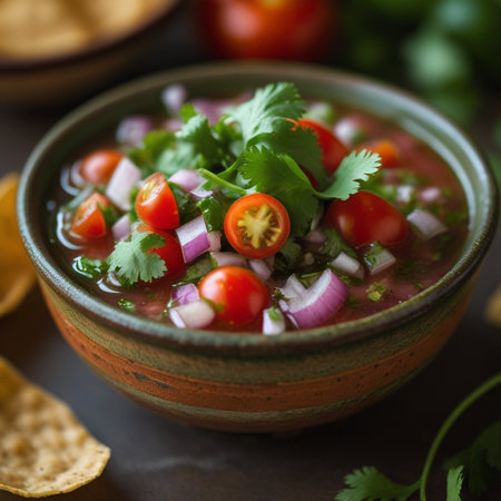 Mexican tomato salsa with coriander and onion, selective focusの素材