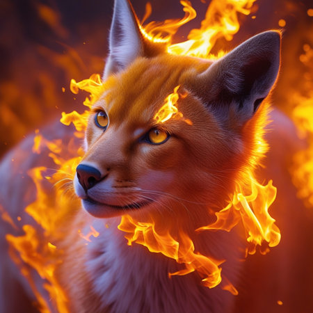 Portrait of a fox in the fire. The fox is on fire.の素材