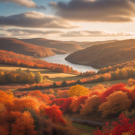 Autumn landscape with lake and forest at sunset. Colorful fall landscape in the mountains.の素材