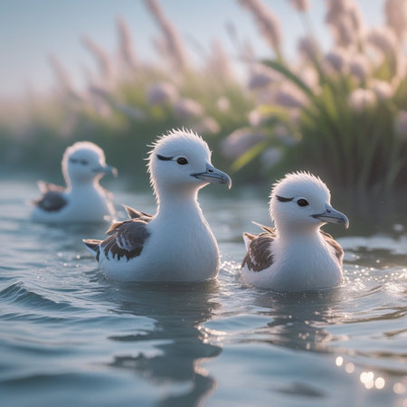 Beautiful seagulls swimming in the lake at sunset.の素材