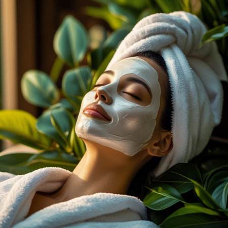 beautiful young woman with cosmetic mask on face lying in spa salonの素材