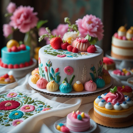 Easter cake decorated with fresh raspberries and blueberries on a wooden backgroundの素材