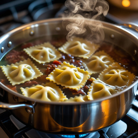 Cooking dumplings with meat and vegetables on a gas stoveの素材