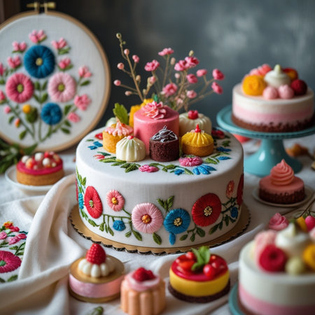 Beautiful cake decorated with flowers and berries. Selective focus.の素材
