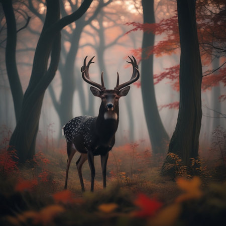 Fallow deer in a foggy forest. 3d render.の素材