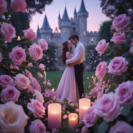 Wedding couple in front of the castle with candles and rosesの素材