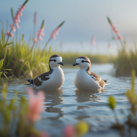 Pair of Ring-necked Plover, Charadrius dubius, swimming in a lake.の素材