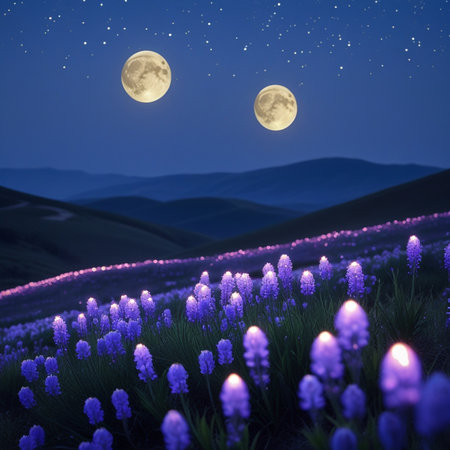 Purple hyacinths and full moon in the night skyの素材