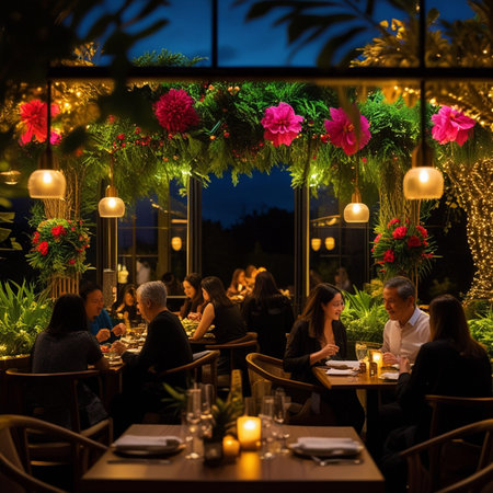 Luxury restaurant in the evening. Restaurant decorated with flowers and candles.の素材