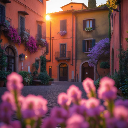 Rome, Italy. Old town street with flowers at sunset.の素材