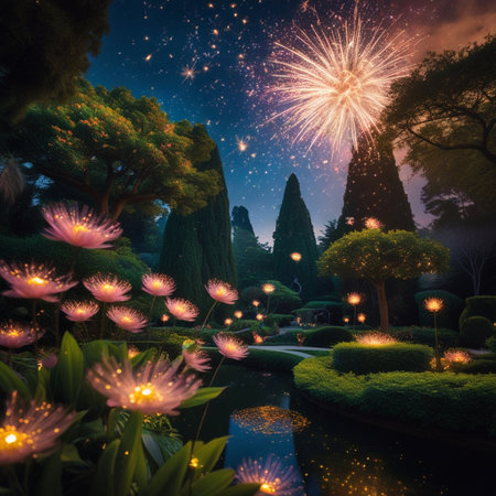 Beautiful flower garden and fireworks in the night sky, Thailand.の素材