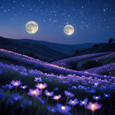 Purple crocus flowers blooming in the mountains at night with full moonの素材
