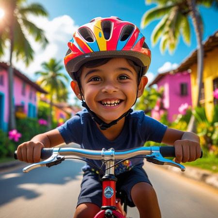 Happy boy riding a bicycle on the road in Bali island, Indonesiaの素材