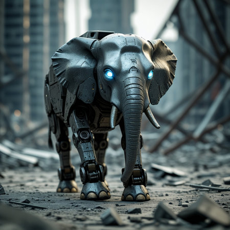 3d rendering of an old metal elephant in the ruins of a buildingの素材