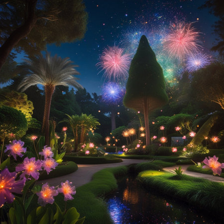 Beautiful blooming flower garden with colorful fireworks in the night.の素材