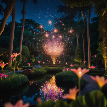 Beautiful colorful firework display in the garden at night time.の素材