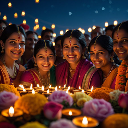 Group of happy young Indian people holding diwali diya and lighting candles at nightの素材