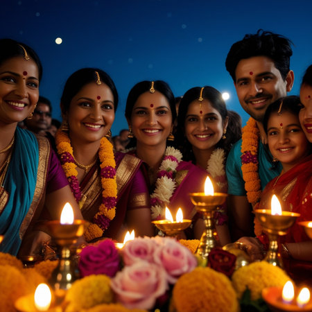 Group of happy Indian people with diwali diya at nightの素材